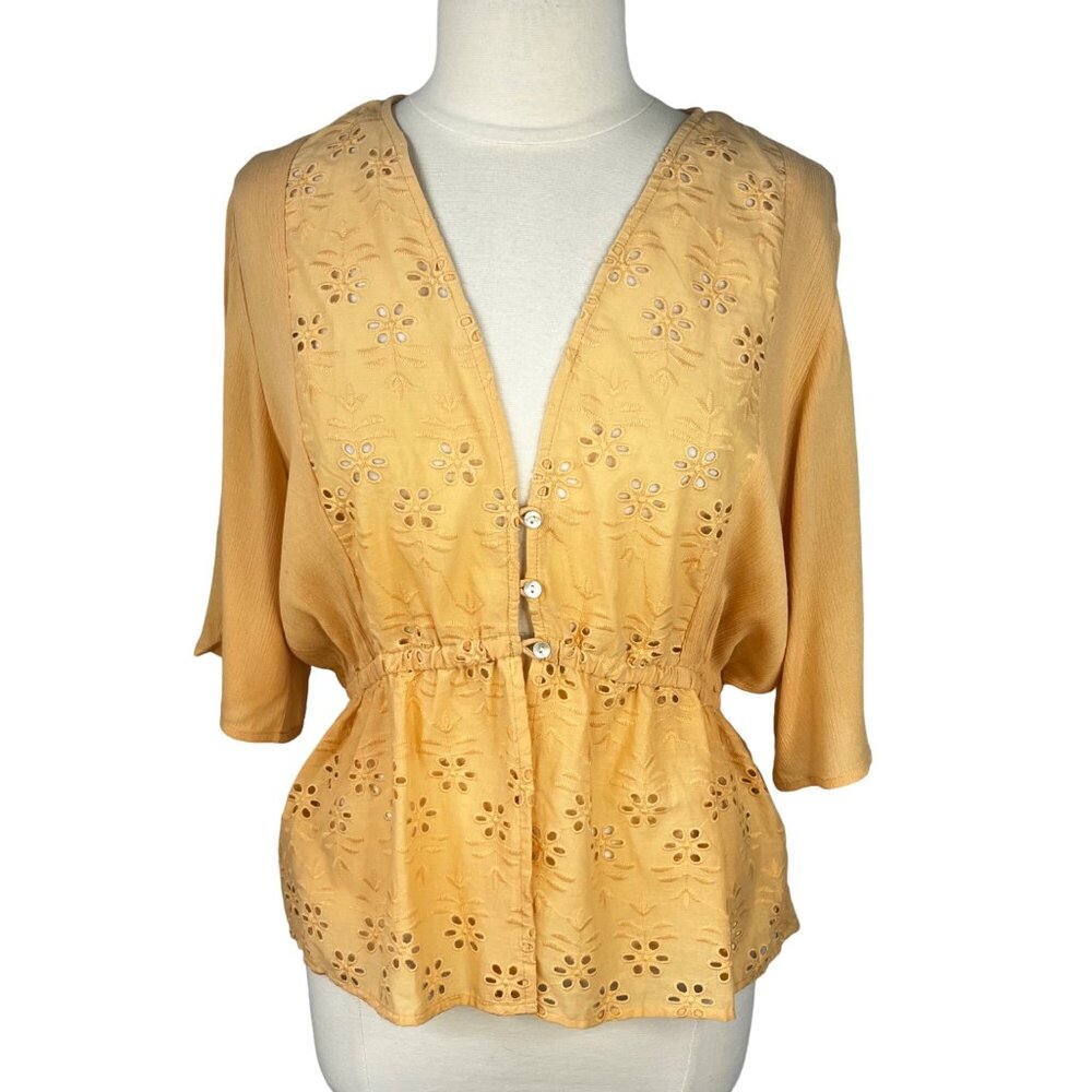 Versona Embroidered Button Front Top Womens Medium Yellow